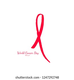 World Cancer Day, February 4. Hand drawn red ribbon. Vector illustration.