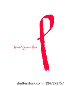 World Cancer Day, February 4. Hand drawn red ribbon. Vector illustration.