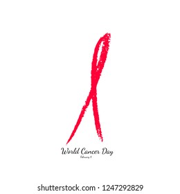 World Cancer Day, February 4. Hand drawn red ribbon. Vector illustration.
