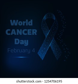 World cancer day February 4 poster template with glowing low poly ribbon and text on dark blue background. Futuristic wireframe design vector illustration.