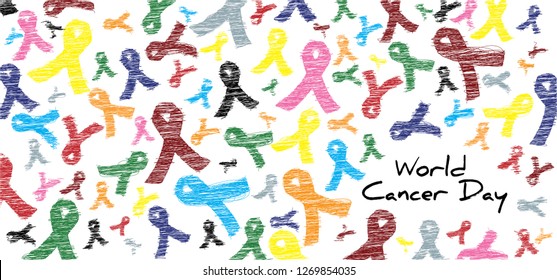 World cancer day February 4 Awareness month Orange Pink Rose Purple Red Light blue Yellow green ribbon ribbons rainbow fun funny colours colour color icon medical logo logos health child Choose Hope