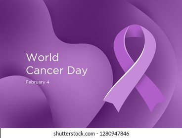 World Cancer Day in February 4. Lavender or violet color ribbon Cancer Awareness Products. World can unite together in the fight against the global cancer epidemic. I Am and I Will.