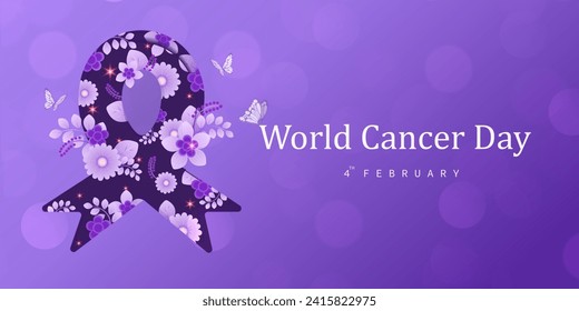 World Cancer Day, February 4. Purple ribbon, Health care concept. Cancer Awareness icon design for poster and banner. Vector illustration.