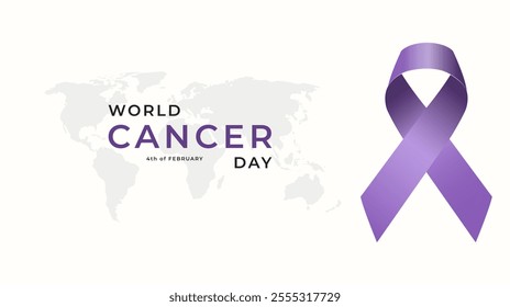 World Cancer Day, February 4: Banner design with purple ribbon and world map. Vector illustration