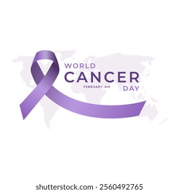 World Cancer Day, February 4: Banner design with purple ribbon and world map. Vector illustration