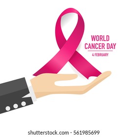 World cancer day. February 4. World cancer day design background with pink ribbon. Vector Illustration.