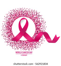 World cancer day. February 4. World cancer day design background with pink ribbon. Vector Illustration.