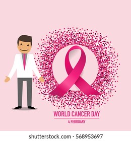 World cancer day. February 4. World cancer day design background with pink ribbon. Vector Illustration.