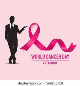 World cancer day. February 4. World cancer day design background with pink ribbon. Vector Illustration.
