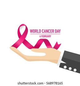 World cancer day. February 4. World cancer day design background with pink ribbon. Vector Illustration.