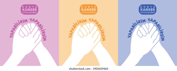 World cancer day, February 4th. People hold hands and support the cancer patient. With different ground covers. Round shaped hands. Translation: I can, you can. World cancer day, February 4th.