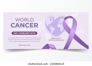 World Cancer Day February 4th horizontal banner with purple ribbon illustration on sunburst background design