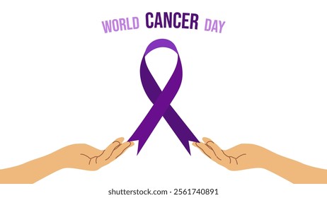 World Cancer Day. February 4th. Raising awareness. Purple ribbon as bridge connecting two arms. Expressing support for patients and their families. Vector illustration.