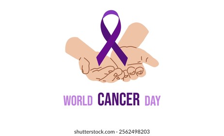 World Cancer Day. February 4th. Raising awareness. Embrace of hope. Purple ribbon symbol fight against cancer banner. Expressing support for patients and their families. Vector illustration.