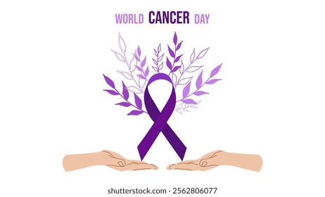 World Cancer Day. February 4th. Raising awareness. Growth and recovery. Tree sprouts from purple ribbon. Expressing support for patients and their families. Vector illustration.