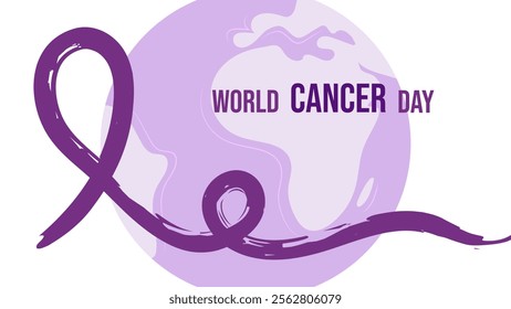 World Cancer Day. February 4th. Raising awareness. Purple ribbon around the globe. Expressing support for patients and their families. Vector illustration.