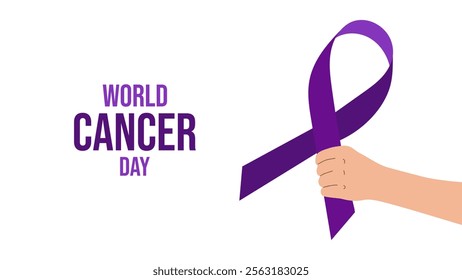 World Cancer Day. February 4th. Raising awareness. Hand holds purple ribbon like torch lighting way. Expressing support for patients and their families. Vector illustration.