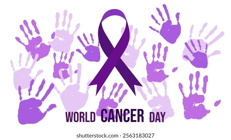 World Cancer Day. February 4th. Raising awareness. Many hand prints different colors form background on which large purple ribbon stands out. Vector illustration.