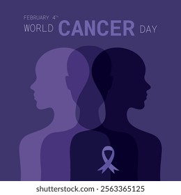 World Cancer Day February 4th. Bald people silhouettes and purple ribbon. Cancer Day. Vector illustration