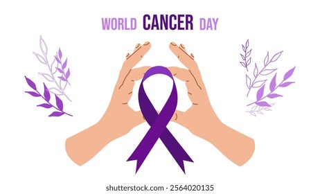 World Cancer Day. February 4th. Raising awareness. Symbol of love and support. Purple ribbon symbol fight against cancer banner. Expressing support for patients. Vector illustration.