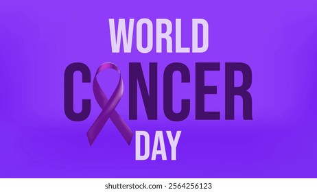 World Cancer Day. February 4th. Raising awareness. Purple ribbon symbol fight against cancer banner. Solidarity and united efforts in fight against cancer. Vector illustration.