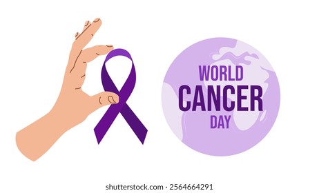 World Cancer Day. February 4th. Raising awareness. Hand holds the ribbon. Purple ribbon symbol fight against cancer banner. Expressing support for patients and their families. Vector illustration.