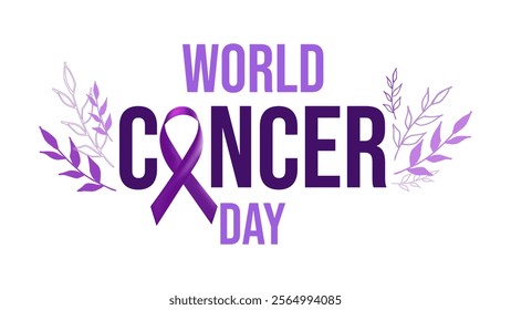 World Cancer Day. February 4th. Raising awareness. Support and hope. Purple ribbon symbol fight against cancer banner. Vector illustration.