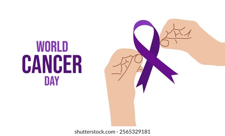 World Cancer Day. February 4th. Raising awareness. Pair hands are holding ribbon. Purple ribbon symbol fight against cancer banner. Vector illustration.