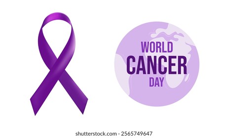 World Cancer Day. February 4th. Raising awareness. Purple ribbon symbol fight against cancer banner. Expressing support for patients and their families. Vector illustration.