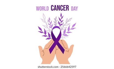 World Cancer Day. February 4th. Raising awareness. Tree grows out purple ribbon. Arms surround this plant supporting its growth. Vector illustration.