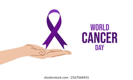 World Cancer Day. February 4th. Raising awareness. Purple ribbon and hand that gently holds it. Expressing support for patients and their families. Vector illustration.