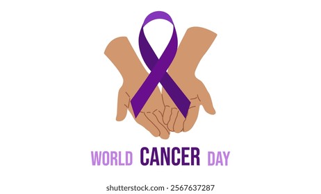 World Cancer Day. February 4th. Raising awareness. Pair of hands gently hug purple ribbon located in center. Expressing support for patients and their families. Vector illustration.