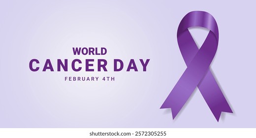 World Cancer Day February 4th. Banner with Purple Gradient Ribbon. Vector Illustration. Background Cancer protection concept. Design Bright Ribbon for Disease Awareness.