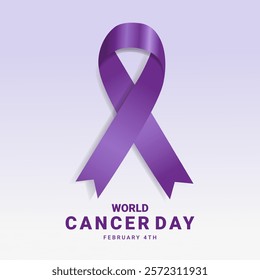 World Cancer Day February 4th. Background Template with Purple Gradient Ribbon. Vector Illustration. Background Cancer protection concept. Design Bright Ribbon for Disease Awareness.