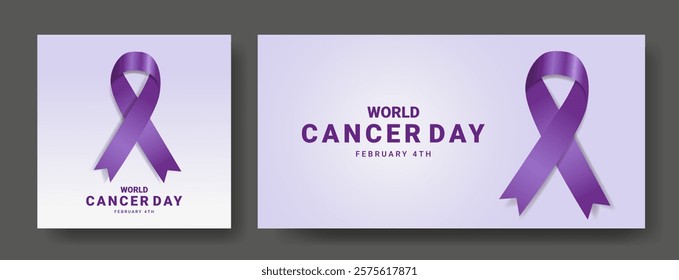 World Cancer Day February 4th. Poster and Banner Template with Purple Gradient Ribbon. Vector Illustration. Background Cancer protection concept. Design Bright Ribbon for Disease Awareness.