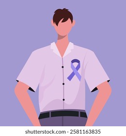 World Cancer Day February 4th. Portrait of a young modern man in casual clothes with a purple ribbon. Prevention campaign. Vector illustration. Not AI generated