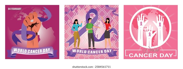 World Cancer Day. Fight against cancer with a raised fist and purple ribbon.Three people and a purple ribbon emphasizing support. Pink awareness ribbon symbols, and a global theme. 