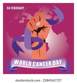 World Cancer Day. Fight against cancer with a raised fist and purple ribbon, emphasizing awareness and support. Flat vector modern illustration 