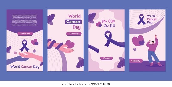 Icono de Diseño plano del Día Mundial del Cáncer, set Health Care and Social Media Story for Vector Illustration Template con fondo plano de dibujos en color púrpura.