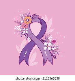 World Cancer Day flora background with Lavender ribbon on pink background