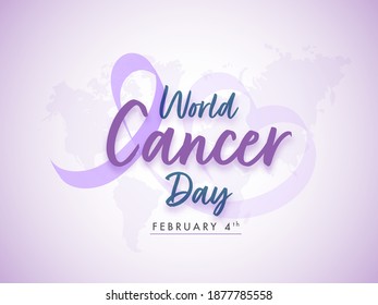 World Cancer Day Font With Purple Ribbon On Glossy Background For 4th February, Awareness Concept.