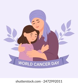 Día mundial del cáncer. Una niña abraza a su madre que tiene cáncer con amor. Ilustración vectorial aislada