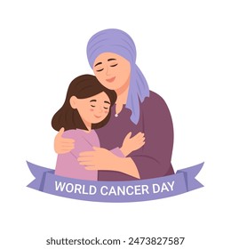 Día mundial del cáncer. Una niña abraza a su madre que tiene cáncer con amor. Ilustración vectorial aislada