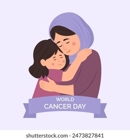 World cancer day. A girl hugs her mother who has cancer with love. Vector illustration isolated
