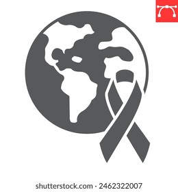 World cancer day glyph icon, charity and support, earth with awareness ribbon vector icon, vector graphics, editable stroke solid sign, eps 10.