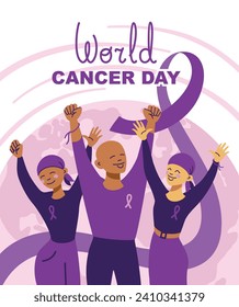 World cancer day. Group of people supporting each other in the fight against with cancer. Banner. Vector.