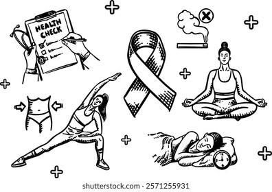 World Cancer Day Hand Drawing, check your health, ribbon, avoid cigarette smoke, Exercise regularly, eat a balanced nutritious diet, get enough rest, manage stress