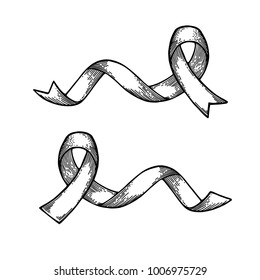 World Cancer Day. Hand drawn ribbon set. Isolated vector illustration. Engraving.