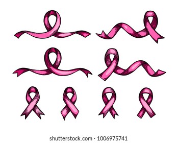 World Cancer Day. Hand drawn pink ribbon set. Isolated vector illustration. Engraving.