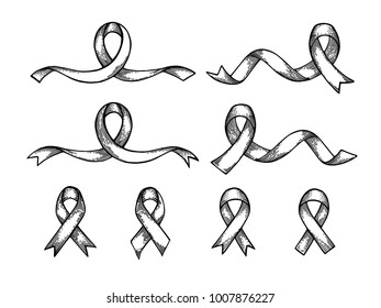 World Cancer Day. Hand drawn ribbon set. Isolated vector illustration. Engraving.